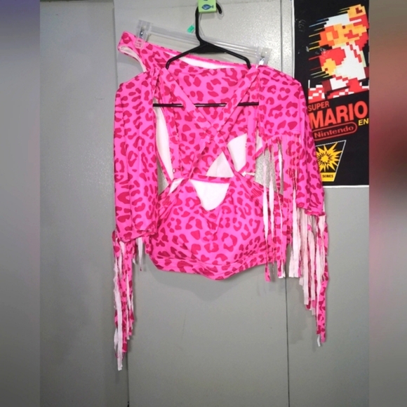iHeartRaves Other - Three Piece Pink Leopard Print Rave Gear Set With Tassel Armbands